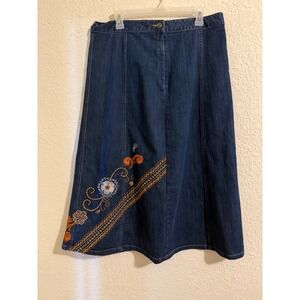 Graff Wear Womens Floral Embroidered Denim Maxi Skirt Dark Wash Blue Size 16